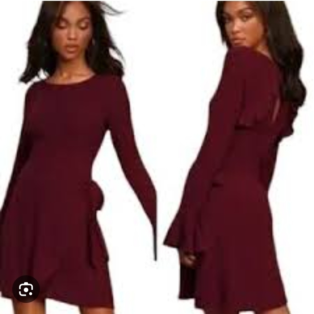 Lulu’s Exclusive Burgundy Faux Wrap Long Bell Sleeve Women’s Sweater Dress XS